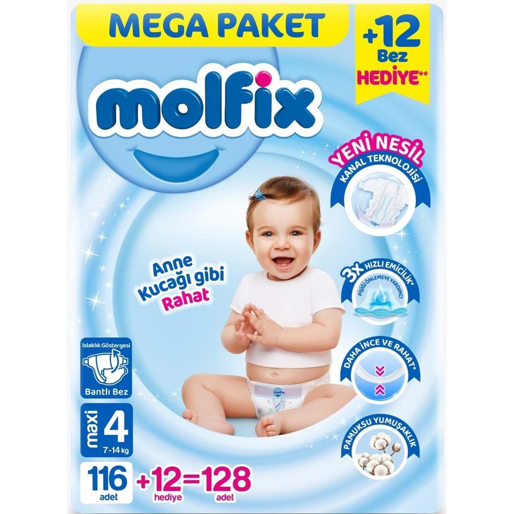 Molfix Bebek Bezi Beden:4 (7-14KG) Maxi 256 Adet Mega Ekonomik Fırsat Pk