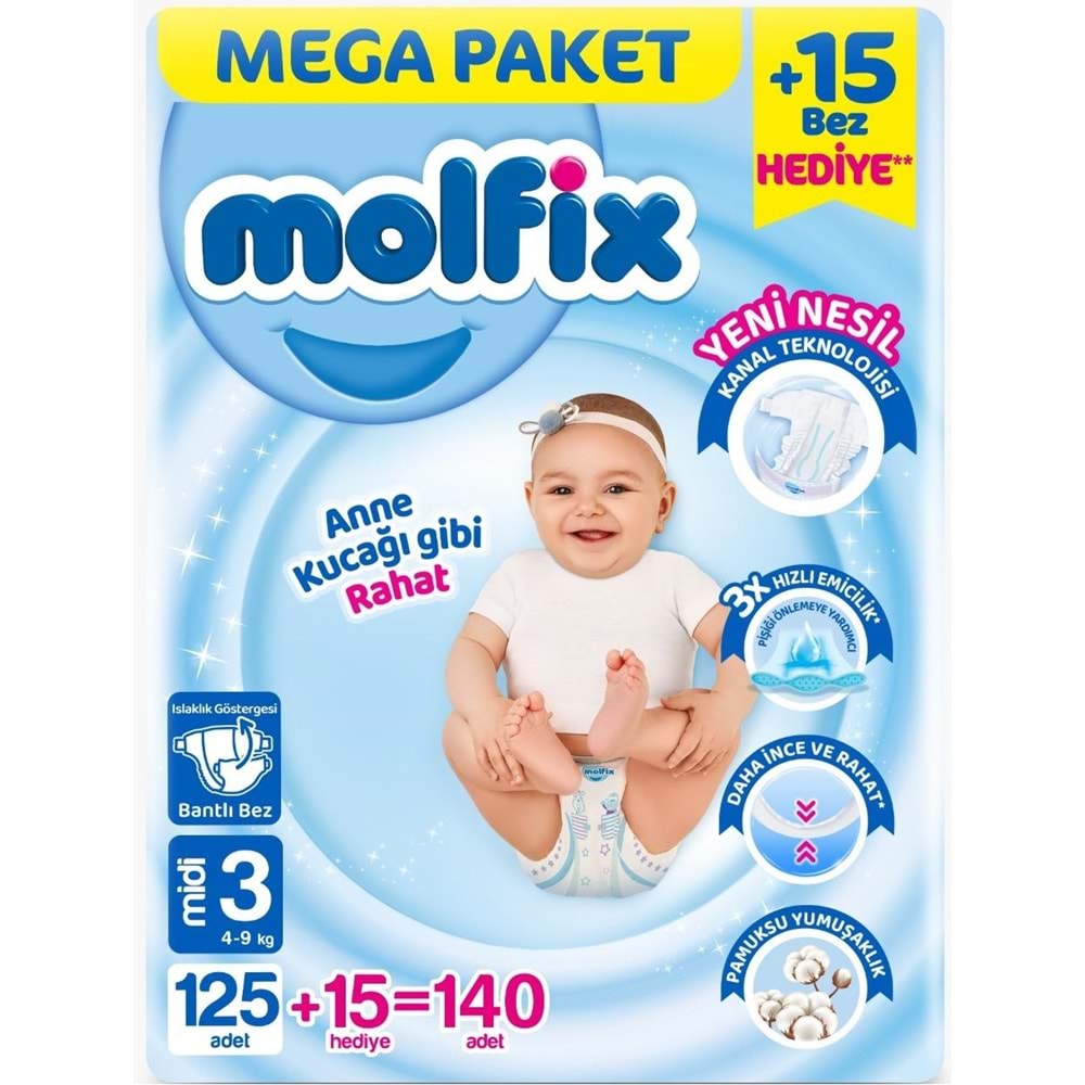 Molfix Bebek Bezi 3 Beden 4-9 KG Midi 420 Adet Mega Aylık Fırsat Pk