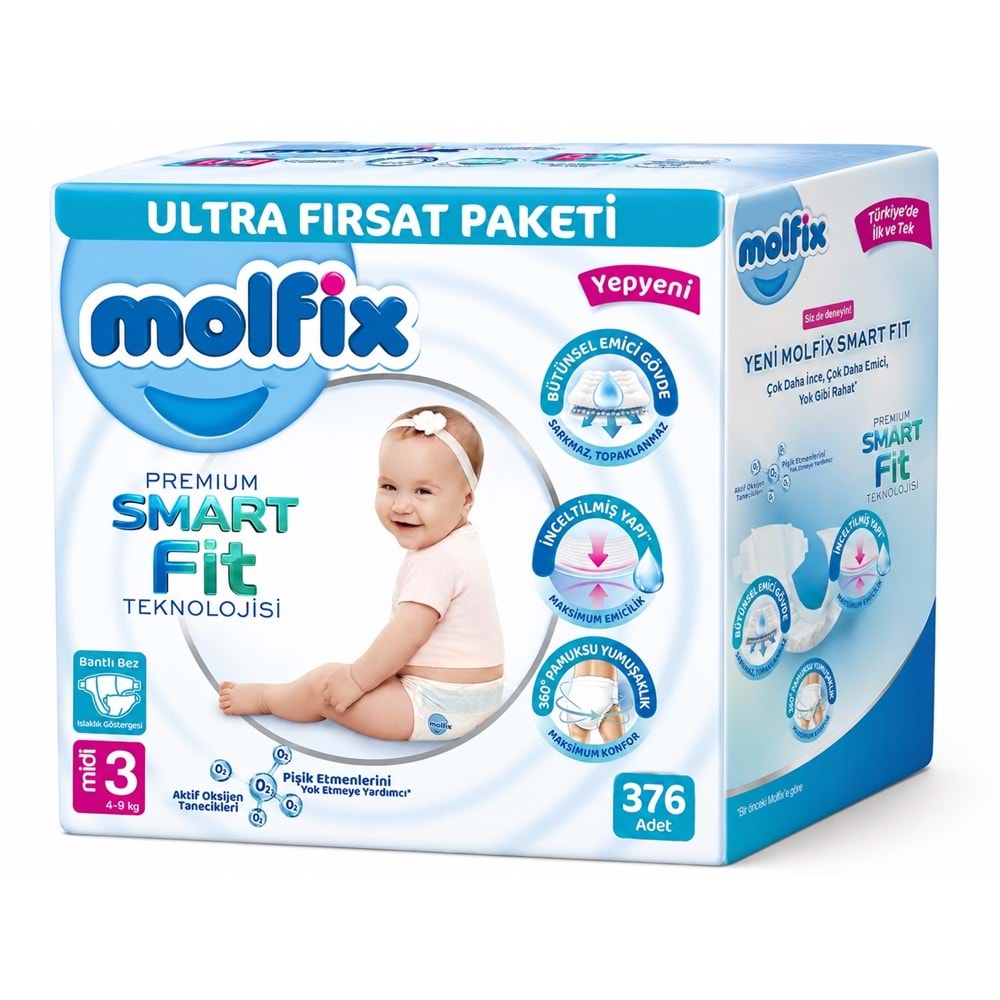 Molfix Premium Smart Fit Bebek Bezi 3 Beden 4-9 KG Midi 376 Adet Avantaj Ultra Fırsat Pk