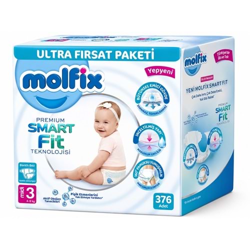 Molfix Premium Smart Fit Bebek Bezi 3 Beden 4-9 KG Midi 376 Adet Avantaj Ultra Fırsat Pk