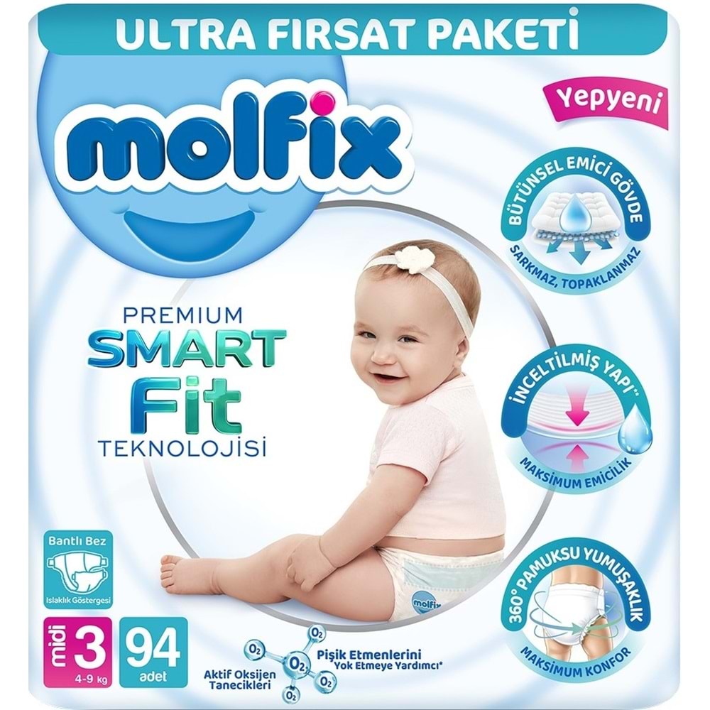 Molfix Premium Smart Fit Bebek Bezi 3 Beden 4-9 KG Midi 376 Adet Avantaj Ultra Fırsat Pk
