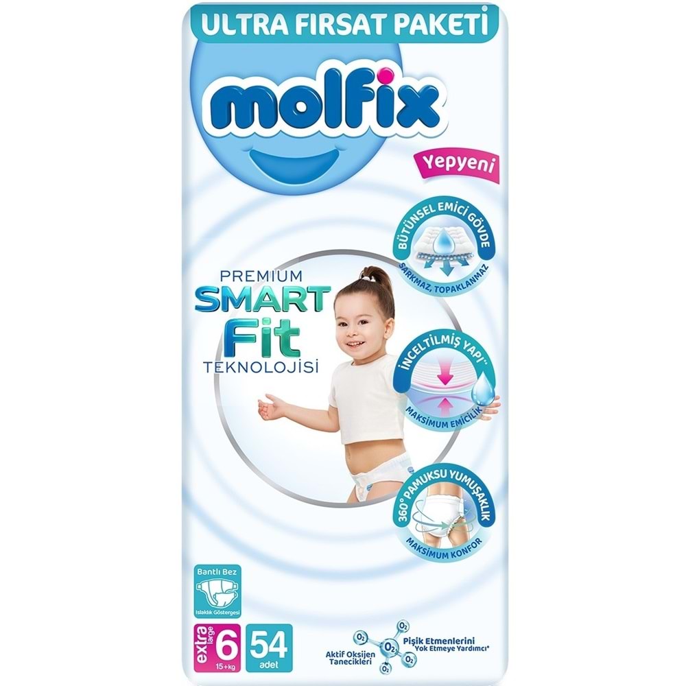 Molfix Premium Smart Fit Bebek Bezi 6 Beden 15+ KG Extra Large 270 Adet Mega Ultra Fırsat Pk