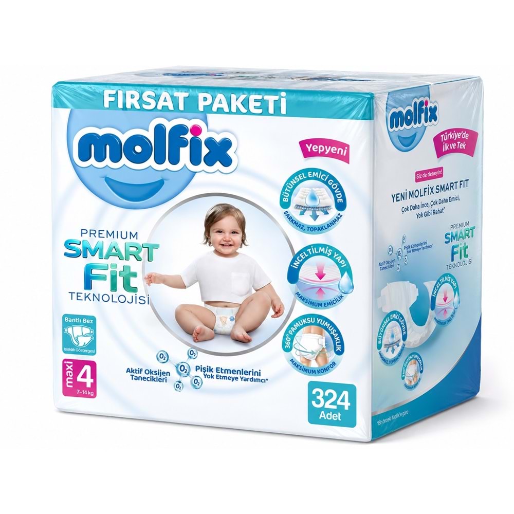 Molfix Premium Smart Fit Bebek Bezi 4 Beden 7-14 KG Maxi 324 Adet Ekstra Fırsat Pk