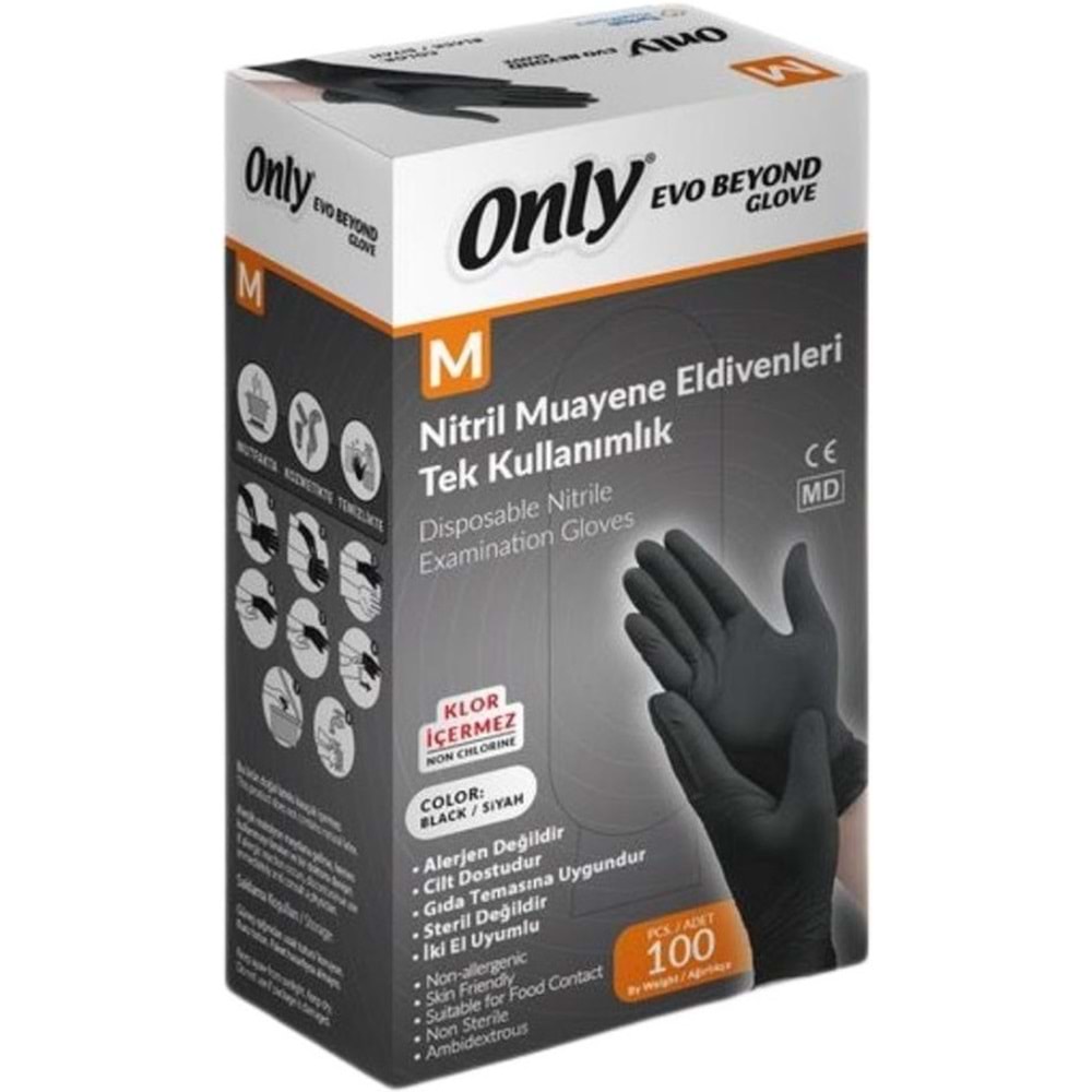 Only Evo Beyond Glove Nitril Siyah Pudrasız Muayene Eldiveni 600 Lü Set M - Medium - Orta (6PK*100)