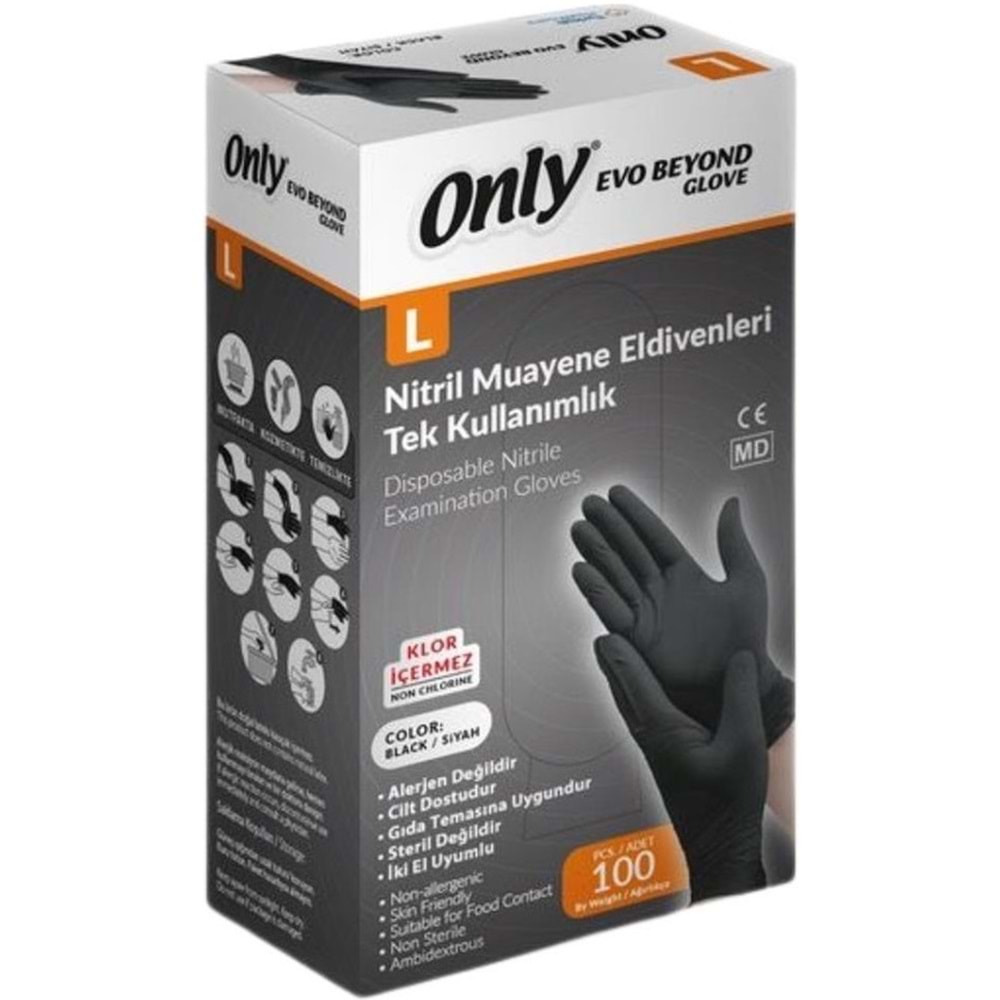 Only Evo Beyond Glove Nitril Siyah Pudrasız Muayene Eldiveni 400 Lü Set L - Large - Büyük (4PK*100)
