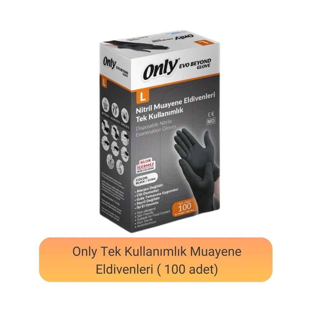 Only Evo Beyond Glove Nitril Siyah Pudrasız Muayene Eldiveni 400 Lü Set L - Large - Büyük (4PK*100)