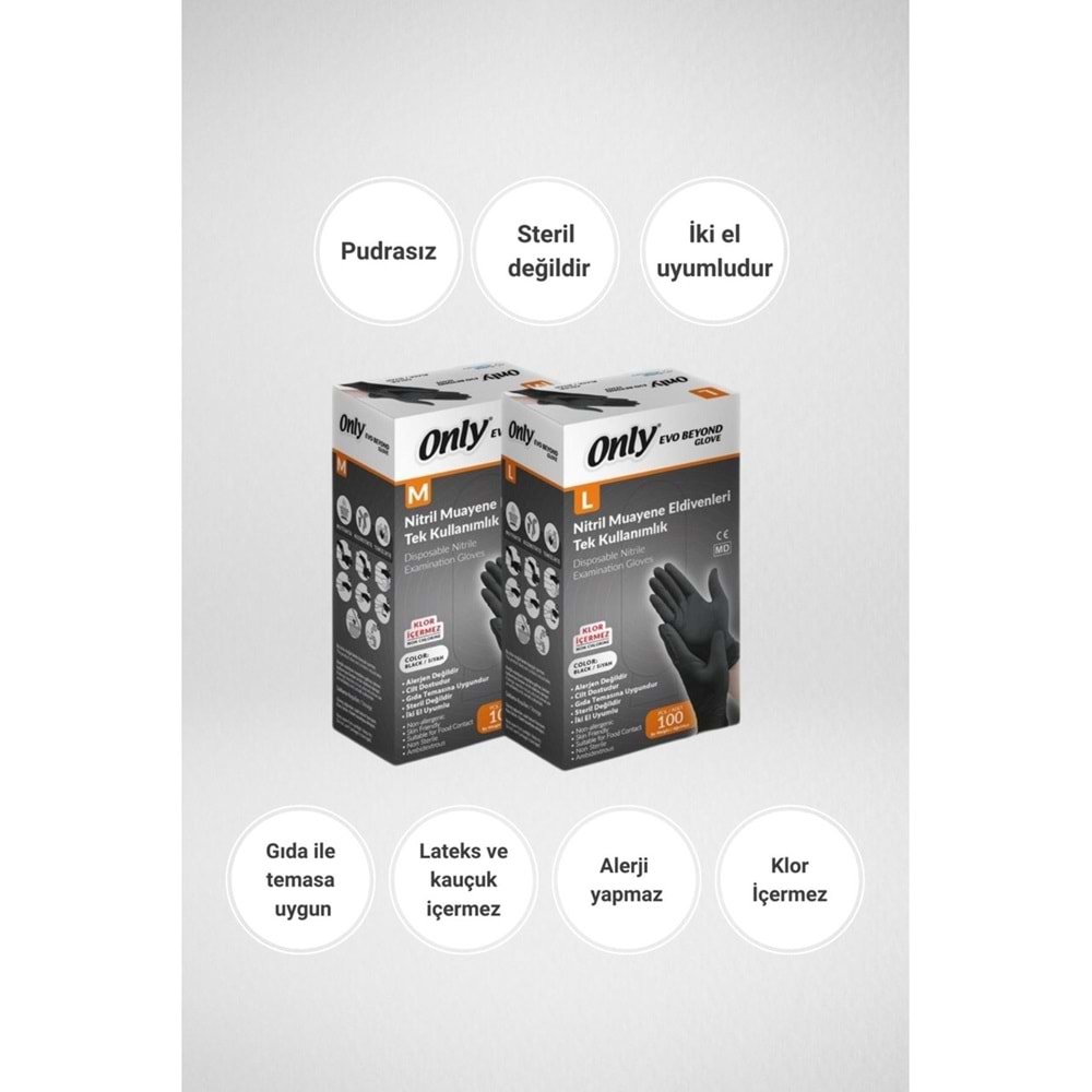Only Evo Beyond Glove Nitril Siyah Pudrasız Muayene Eldiveni 400 Lü Set L - Large - Büyük (4PK*100)