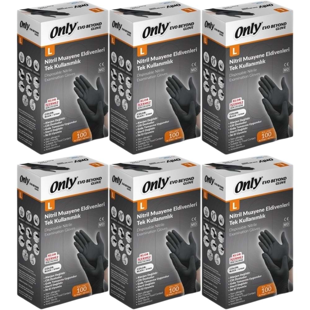 Only Evo Beyond Glove Nitril Siyah Pudrasız Muayene Eldiveni 600 Lü Set L - Large - Büyük (6PK*100)