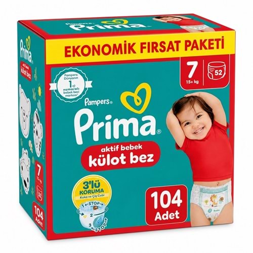 Prima Külot Bebek Bezi 7 Beden 15+ KG XXL 104 Adet Ekonomik Fırsat Pk
