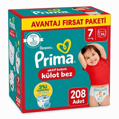 Prima Külot Bebek Bezi 7 Beden 15+ KG XXL 208 Adet Avantaj Fırsat Pk