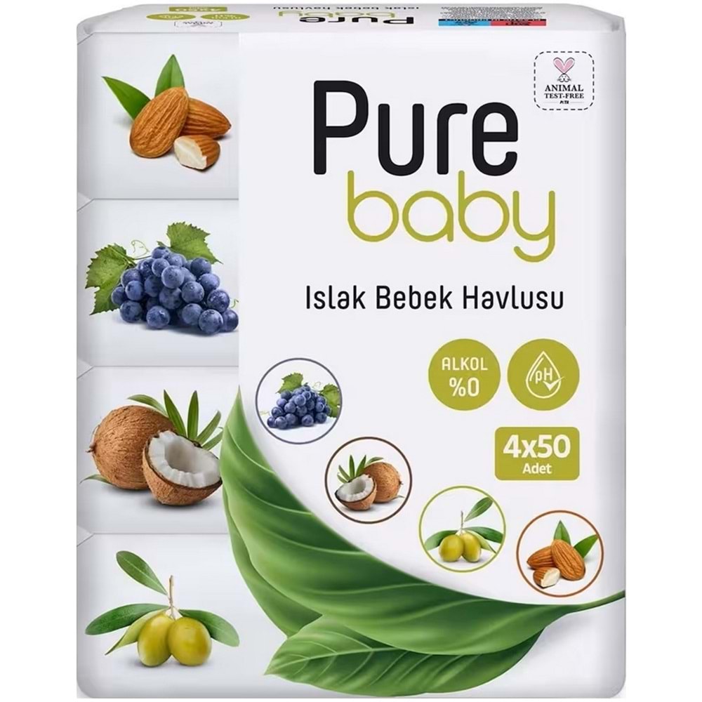 Pure Baby Wipes Islak Havlu Mendil 50 Yaprak 12 Li Set (600 Yaprak) (Meyveli)