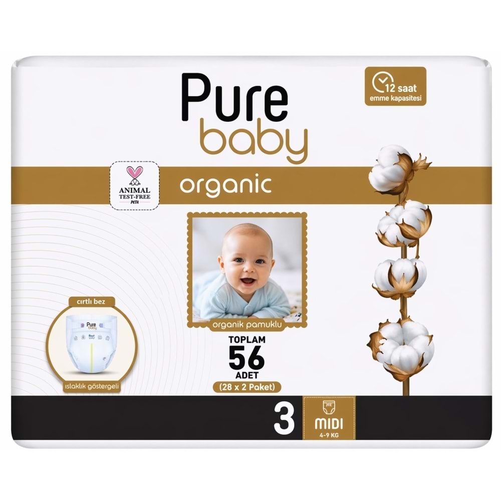 Pure Baby Bebek Bezi 3 Beden 4-10 KG Midi 56 Adet Ekonomik Fırsat Pk