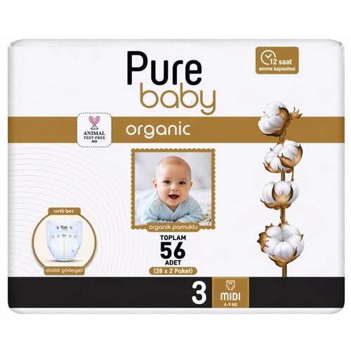 Pure Baby Bebek Bezi 3 Beden 4-10 KG Midi 56 Adet Ekonomik Fırsat Pk