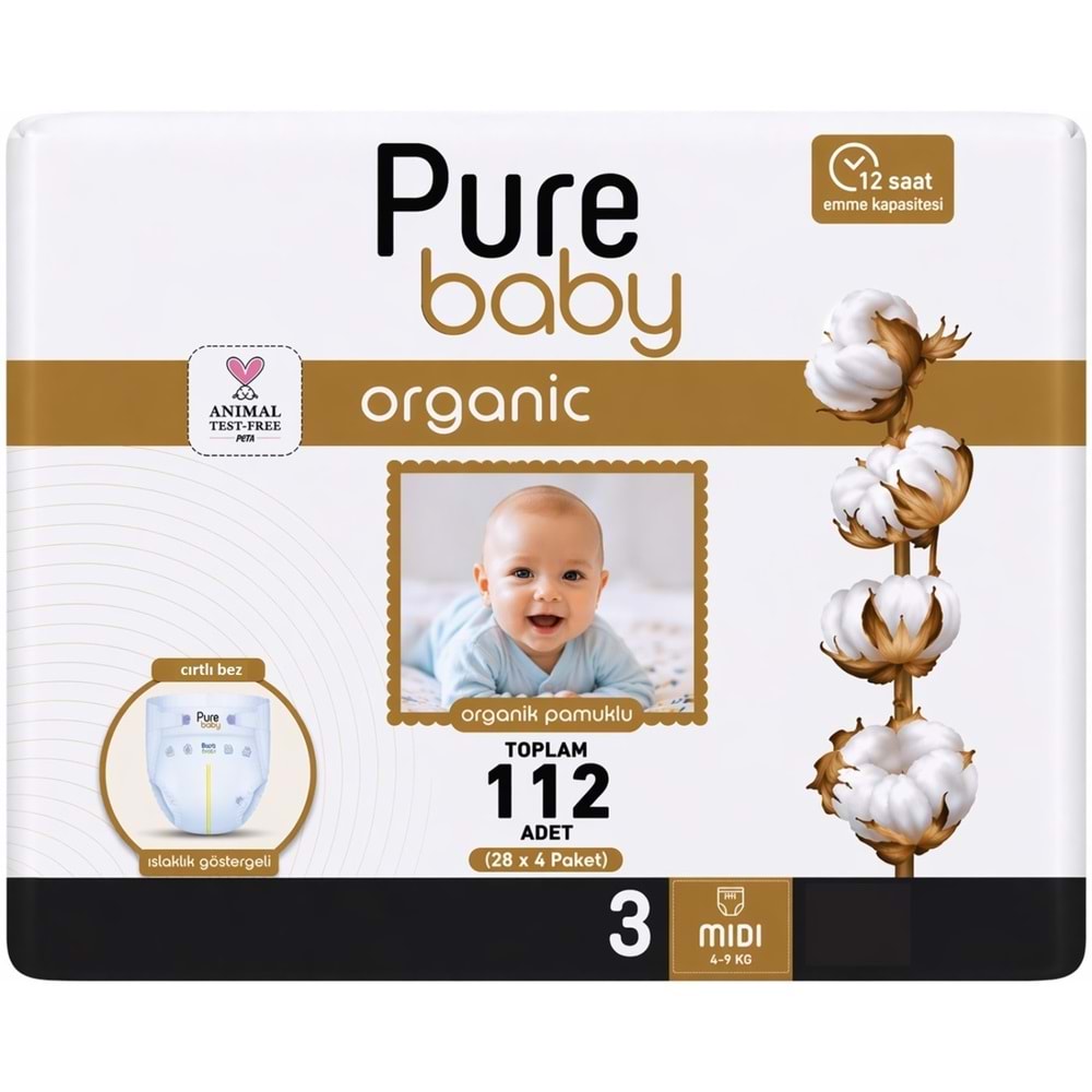 Pure Baby Bebek Bezi 3 Beden 4-10 KG Midi 112 Adet Avantaj Fırsat Pk