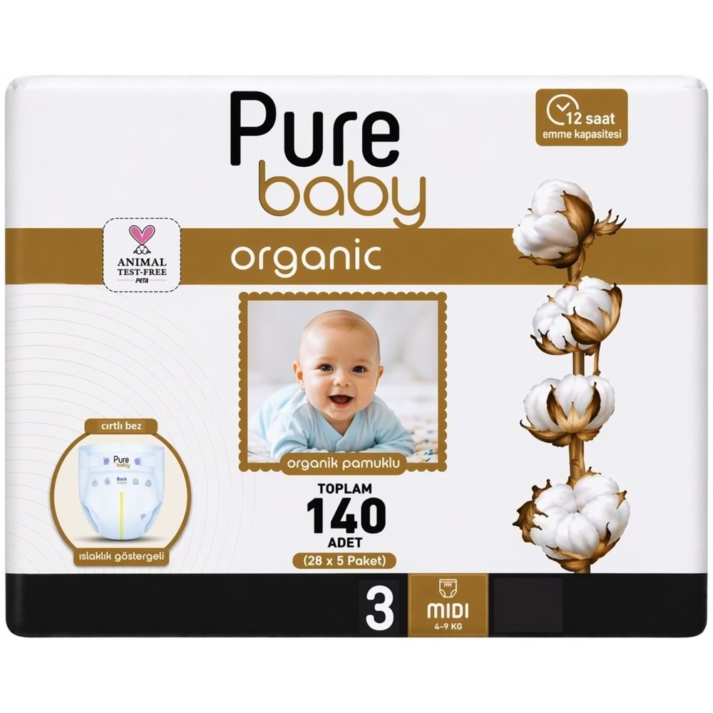 Pure Baby Bebek Bezi 3 Beden 4-10 KG Midi 140 Adet Mega Fırsat Pk