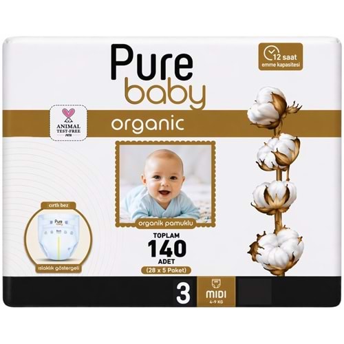 Pure Baby Bebek Bezi 3 Beden 4-10 KG Midi 140 Adet Mega Fırsat Pk