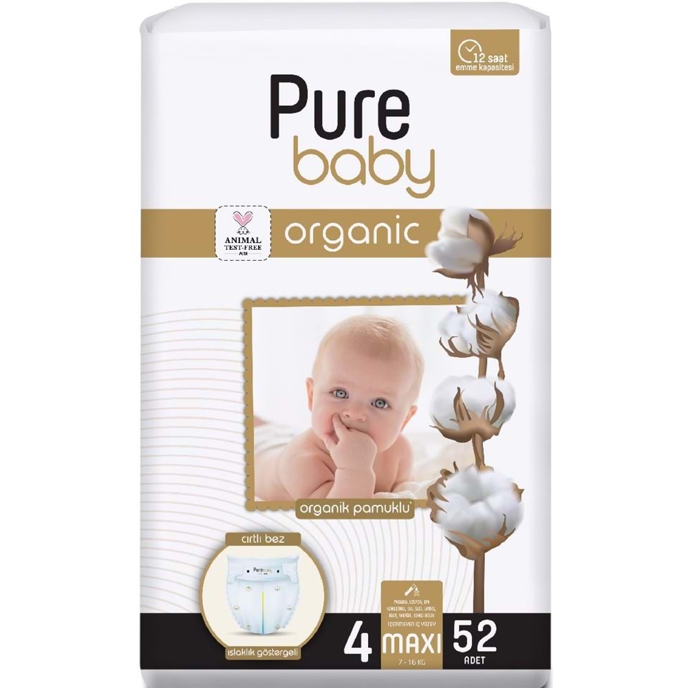 Pure Baby Organik Bebek Bezi 4 Beden 7-16 KG Maxi 104 Adet Ekonomik Fırsat Pk