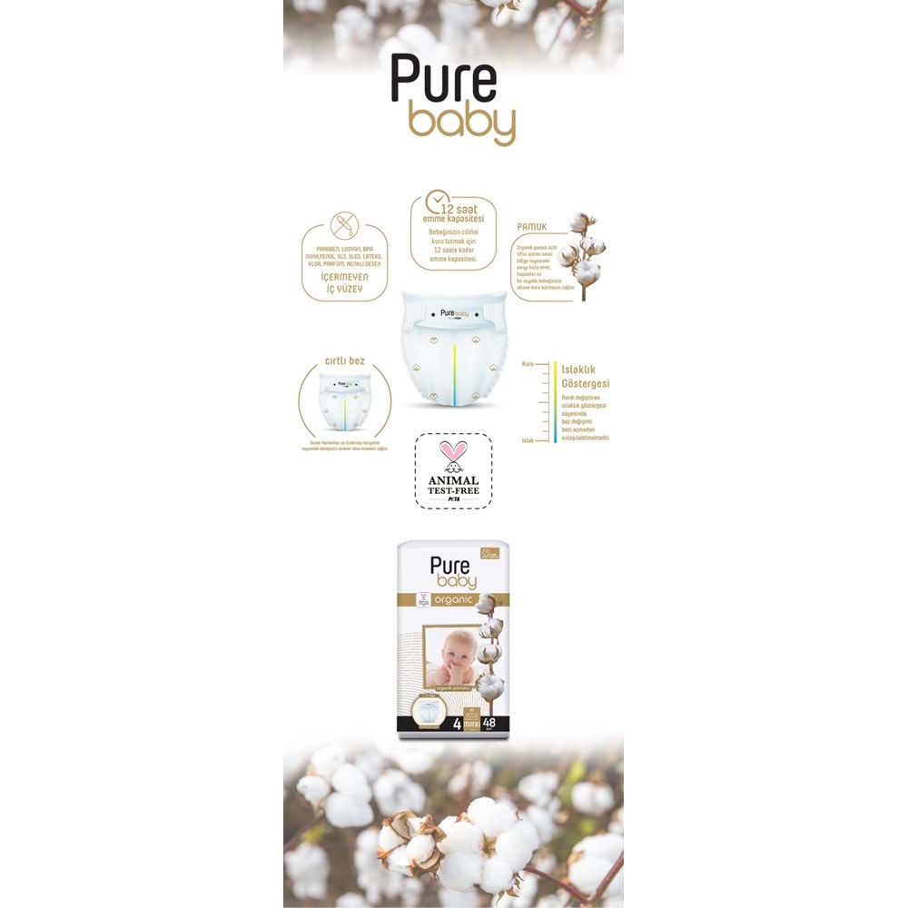 Pure Baby Organik Bebek Bezi 4 Beden 7-16 KG Maxi 104 Adet Ekonomik Fırsat Pk