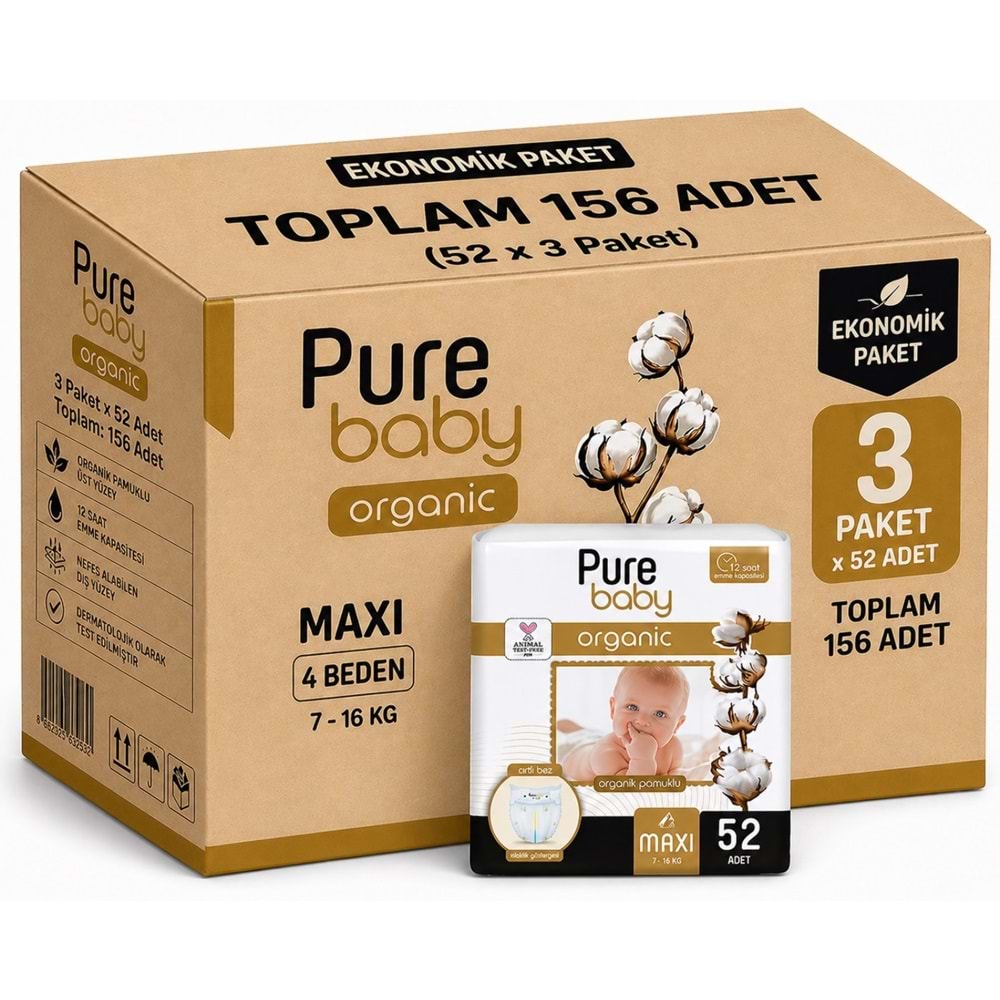 Pure Baby Organik Bebek Bezi 4 Beden 7-16 KG Maxi 156 Adet Aylık Fırsat Pk