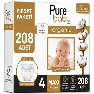 Pure Baby Organik Bebek Bezi 4 Beden 7-16 KG Maxi 208 Adet Avantaj Fırsat Pk