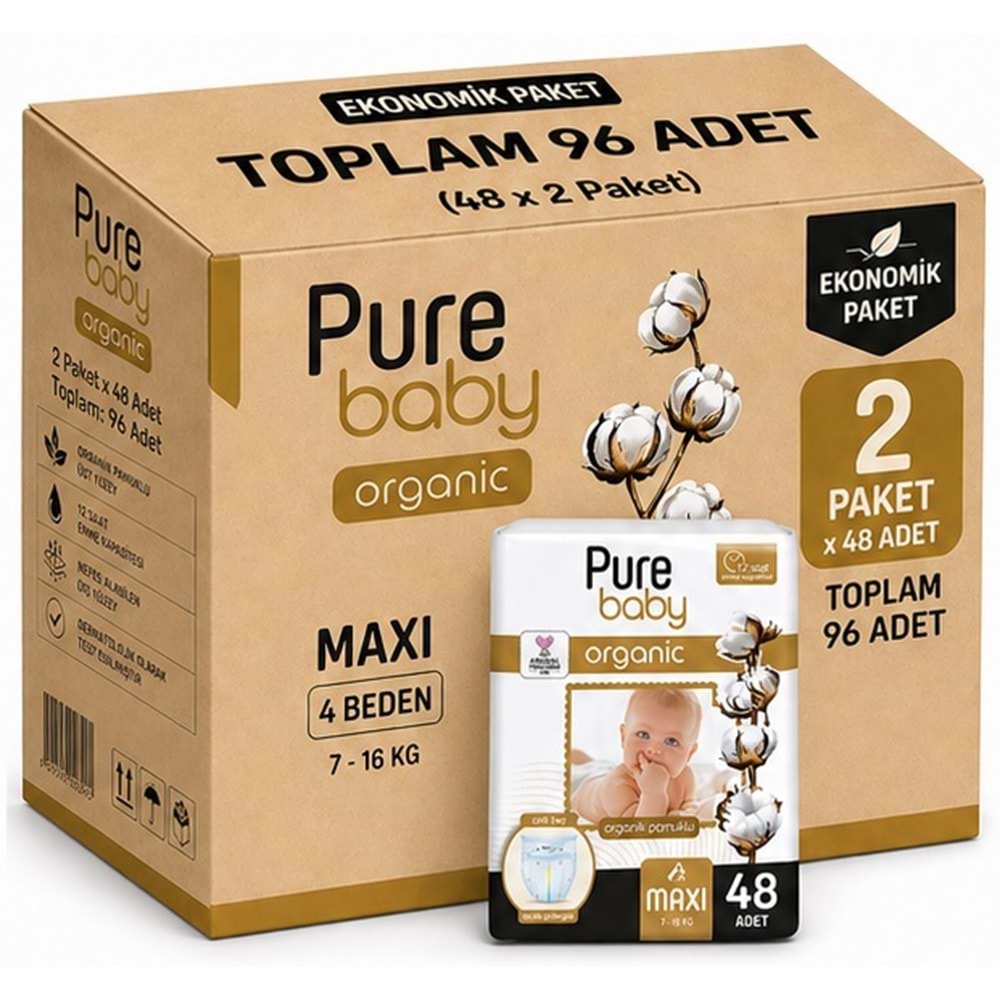 Pure Baby Organik Bebek Bezi 4 Beden 7-16 KG Maxi 96 Adet Ekonomik Fırsat Pk