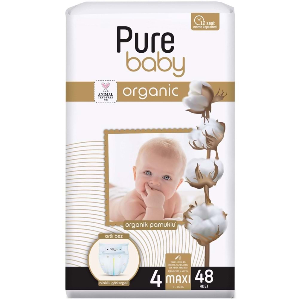 Pure Baby Organik Bebek Bezi 4 Beden 7-16 KG Maxi 96 Adet Ekonomik Fırsat Pk