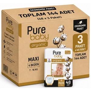 Pure Baby Organik Bebek Bezi 4 Beden 7-16 KG Maxi 144 Adet Aylık Fırsat Pk