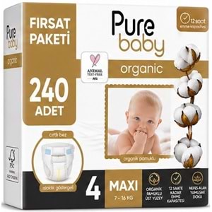 Pure Baby Organik Bebek Bezi 4 Beden 7-16 KG Maxi 240 Adet Mega Fırsat Pk