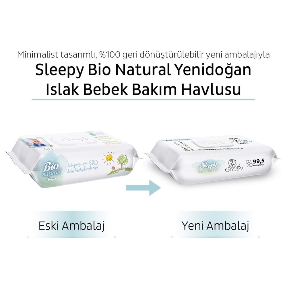 Sleepy Islak Havlu Mendil Bio Natural 40 Yaprak Yeni Doğan (12 Li Set) Plastik Kapaklı 480 Yaprak