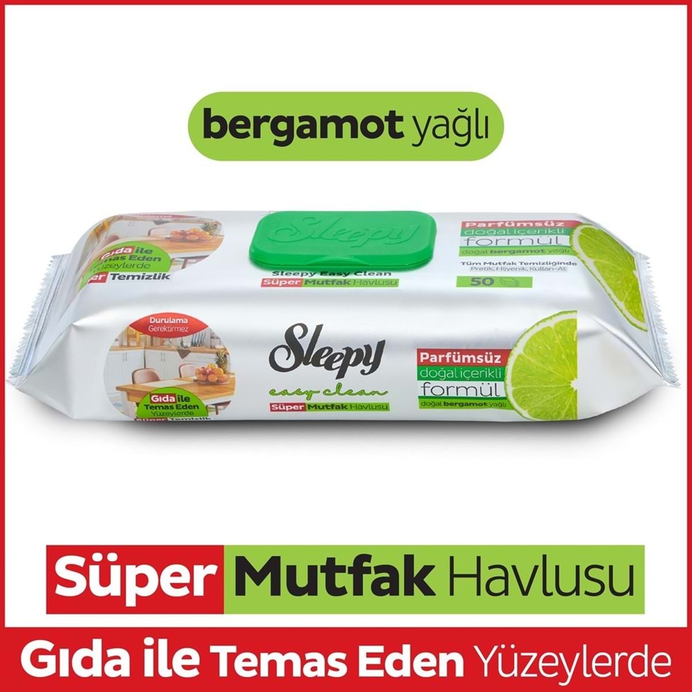 Sleepy Easy Clean Yüzey Temizlik Mutfak Havlusu -Mendili 50 Yaprak Bergomot Yağlı (4Lü Set) 200Yprk