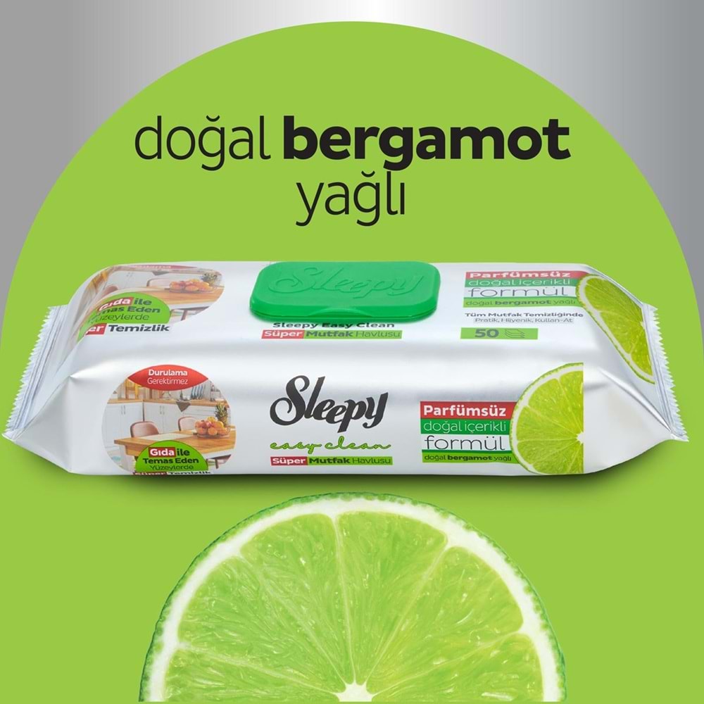 Sleepy Easy Clean Yüzey Temizlik Mutfak Havlusu -Mendili 50 Yaprak Bergomot Yağlı (4Lü Set) 200Yprk