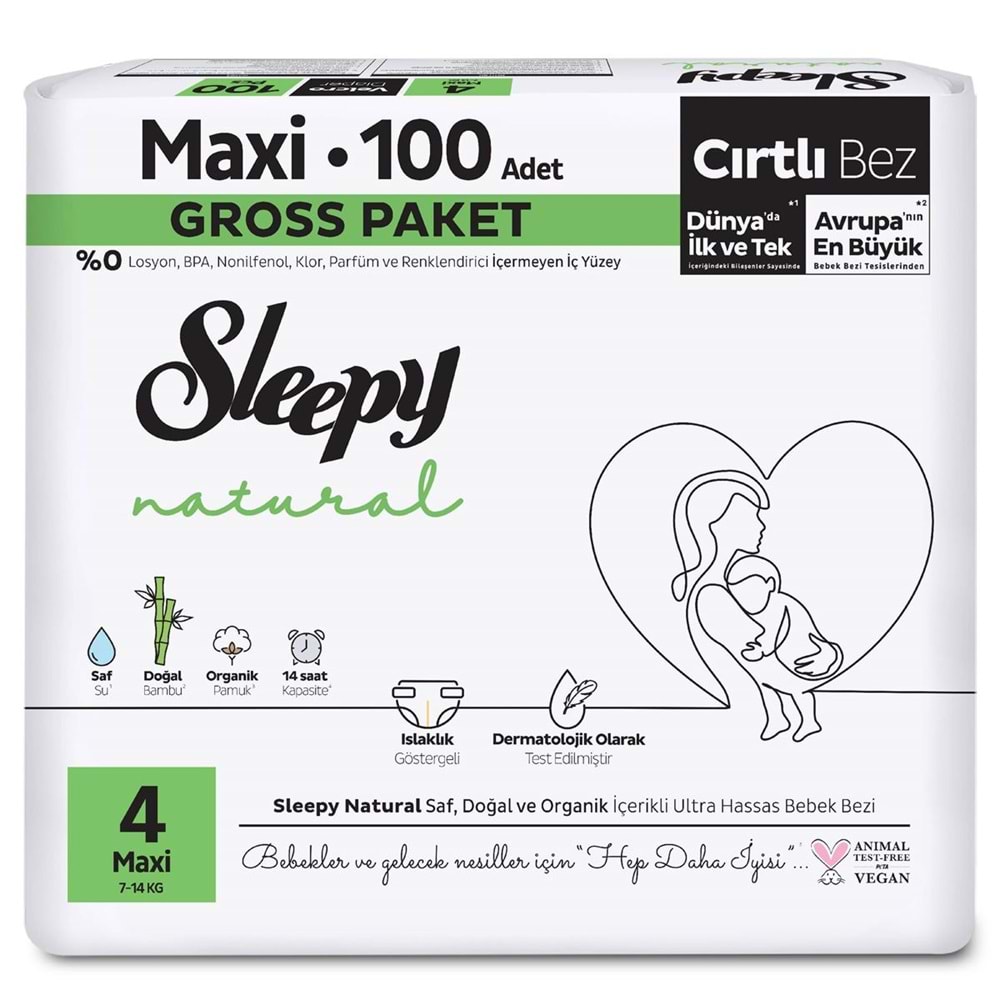 Sleepy Bebek Bezi Natural Beden:4 (7-14KG) Maxi 300 Adet Aylık Ultra Pk