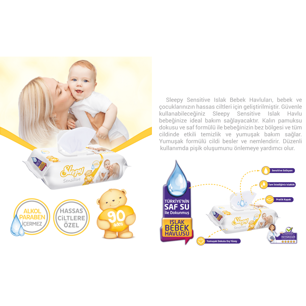 Sleepy Islak Havlu Mendil 90 Yaprak Sensitive 3 Lü Set Plastik Kapaklı