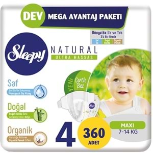 Sleepy Bebek Bezi Naturel Beden:4 (7-14Kg) Maxi 360 Adet 2 Li Jumbo Pk Serisi (6 Lı Set)