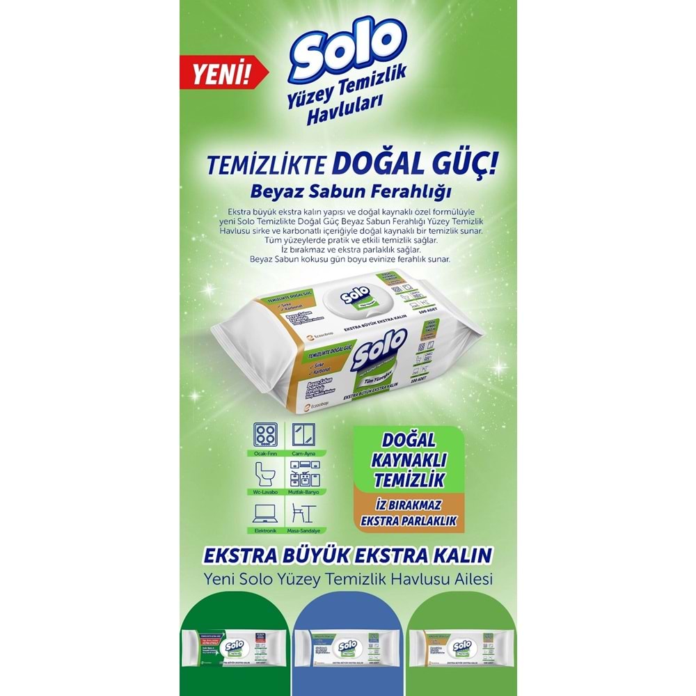 Solo Yüzey Temizlik Havlusu - Mendili 100 Yaprak Beyaz Sabun Ferahlığı (3 Lü Set) 300 Yaprak