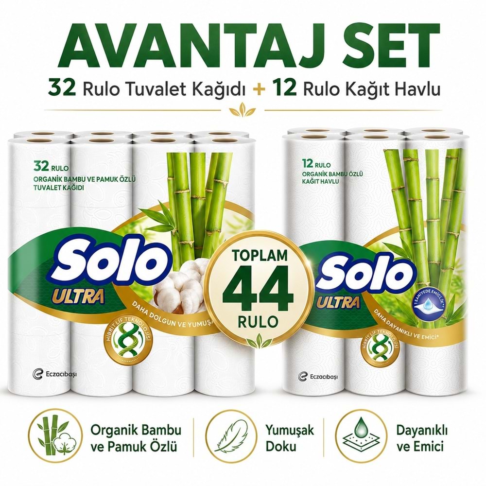 Solo Avantaj Set Ultra Kağıt Havlu 12 Li Rulo + 32 Rulo Tuvalet Kağıdı Organik Bambu ve Pamuk Özlü
