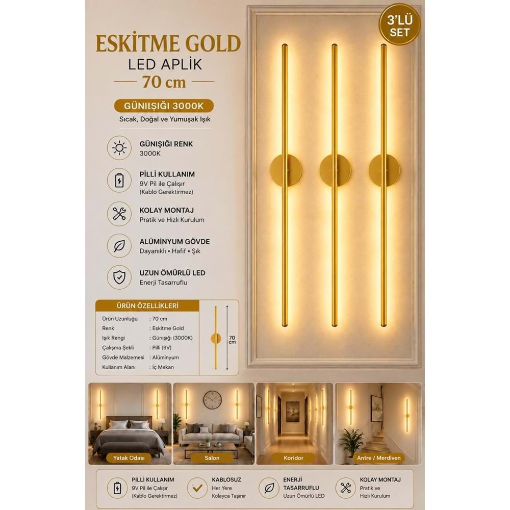 MANDAŞ Eskitme Gold Gün Işığı 70 CM Led Duvar Aplik 3 Adet Pilli Kablosuz Kullanım Tak-Çalıştır