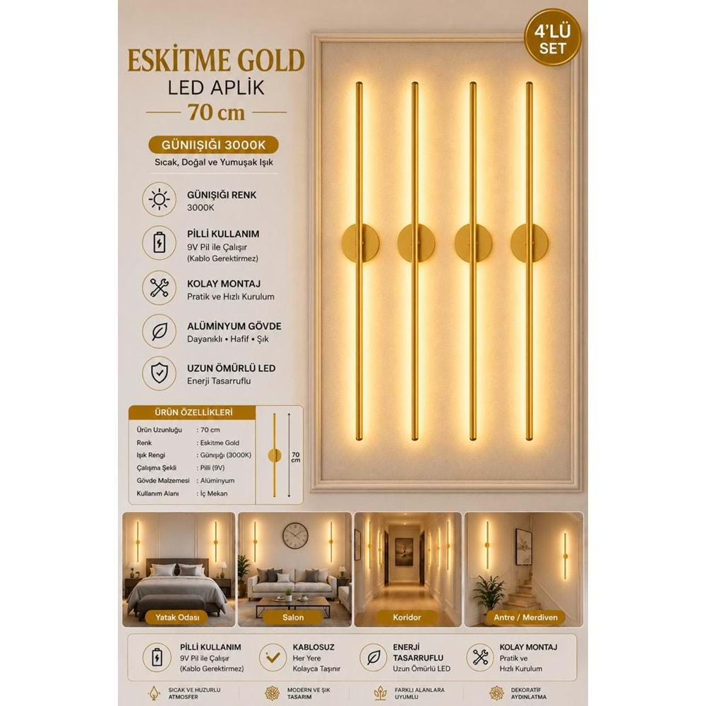 MANDAŞ Eskitme Gold Gün Işığı 70 CM Led Duvar Aplik 4 Adet Pilli Kablosuz Kullanım Tak-Çalıştır