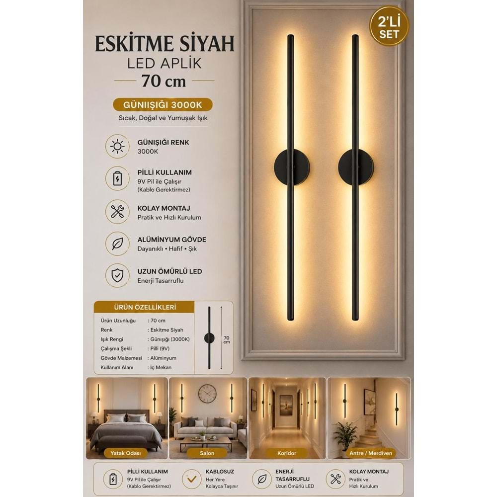 MANDAŞ Siyah Gün Işığı 70 CM Led Duvar Aplik 2 Adet|Pilli Kablosuz Kullanım Tak-Çalıştır