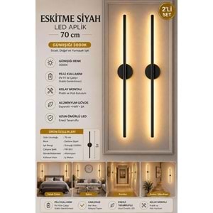 MANDAŞ Siyah Gün Işığı 70 CM Led Duvar Aplik 2 Adet|Pilli Kablosuz Kullanım Tak-Çalıştır
