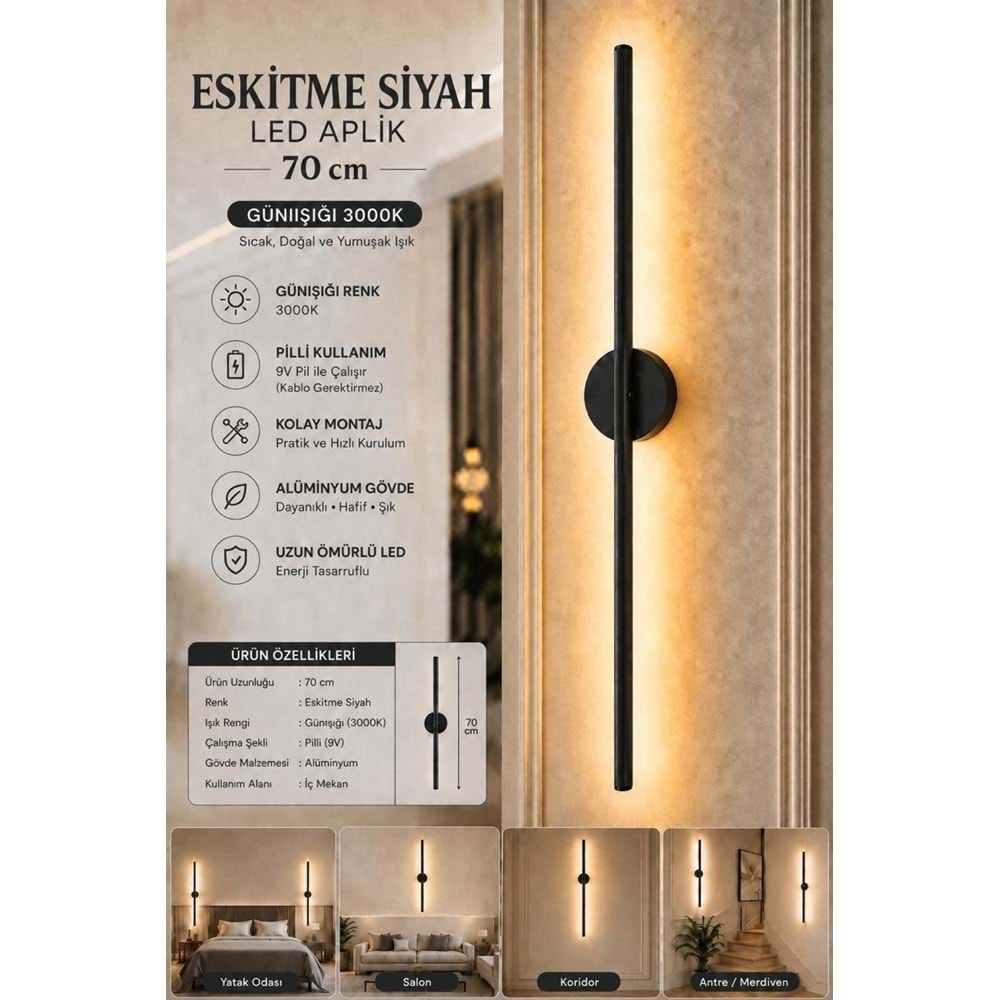 MANDAŞ Siyah Gün Işığı 70 CM Led Duvar Aplik 2 Adet|Pilli Kablosuz Kullanım Tak-Çalıştır