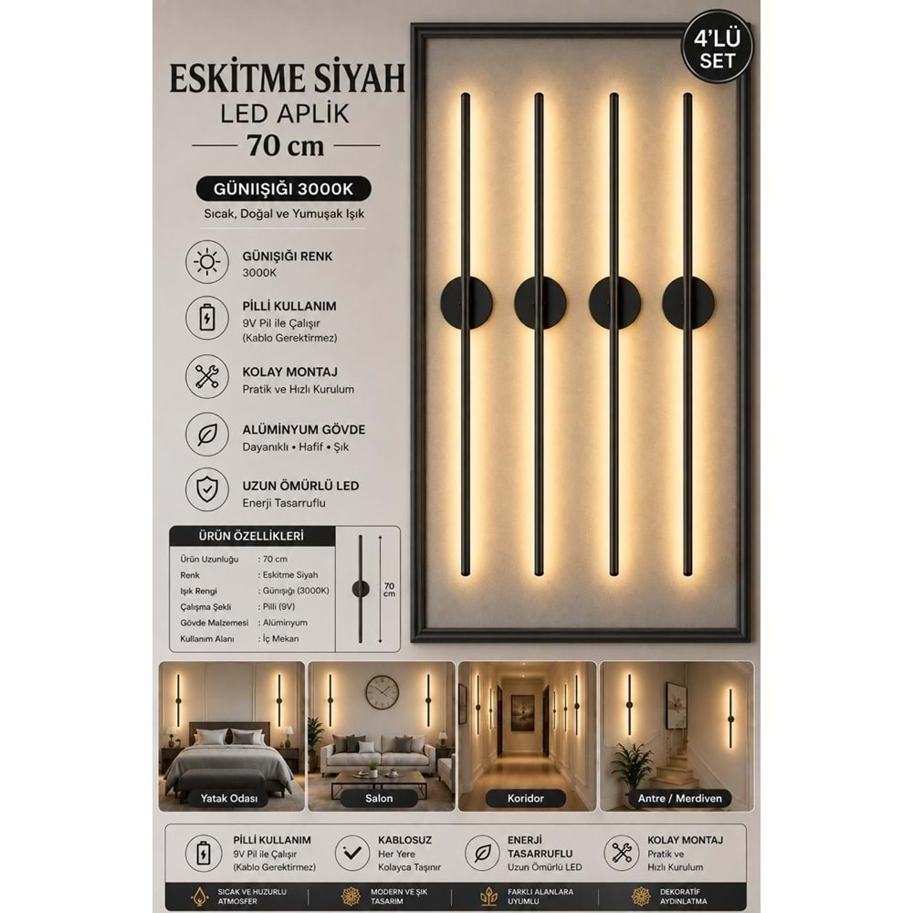 MANDAŞ Siyah Gün Işığı 70 CM Led Duvar Aplik 4 Adet|Pilli Kablosuz Kullanım Tak-Çalıştır